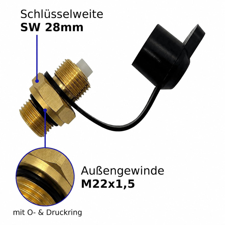 Prüfanschluss M22 x 1,5 AG – Messing, mit Schutzkappe, Prüfventil für Druckluftbremse LKW, Anhänger & Traktor