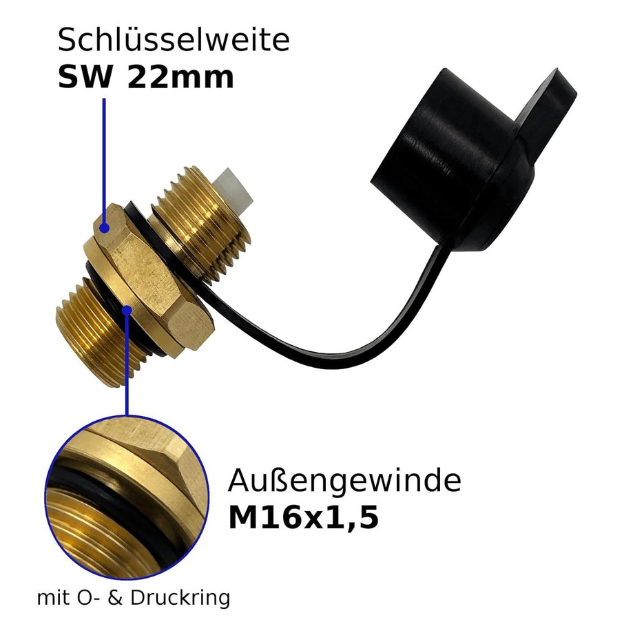 Prüfanschluss M16 x 1,5 AG – Messing, mit Schutzkappe, Prüfventil für Druckluftbremse LKW, Anhänger & Traktor