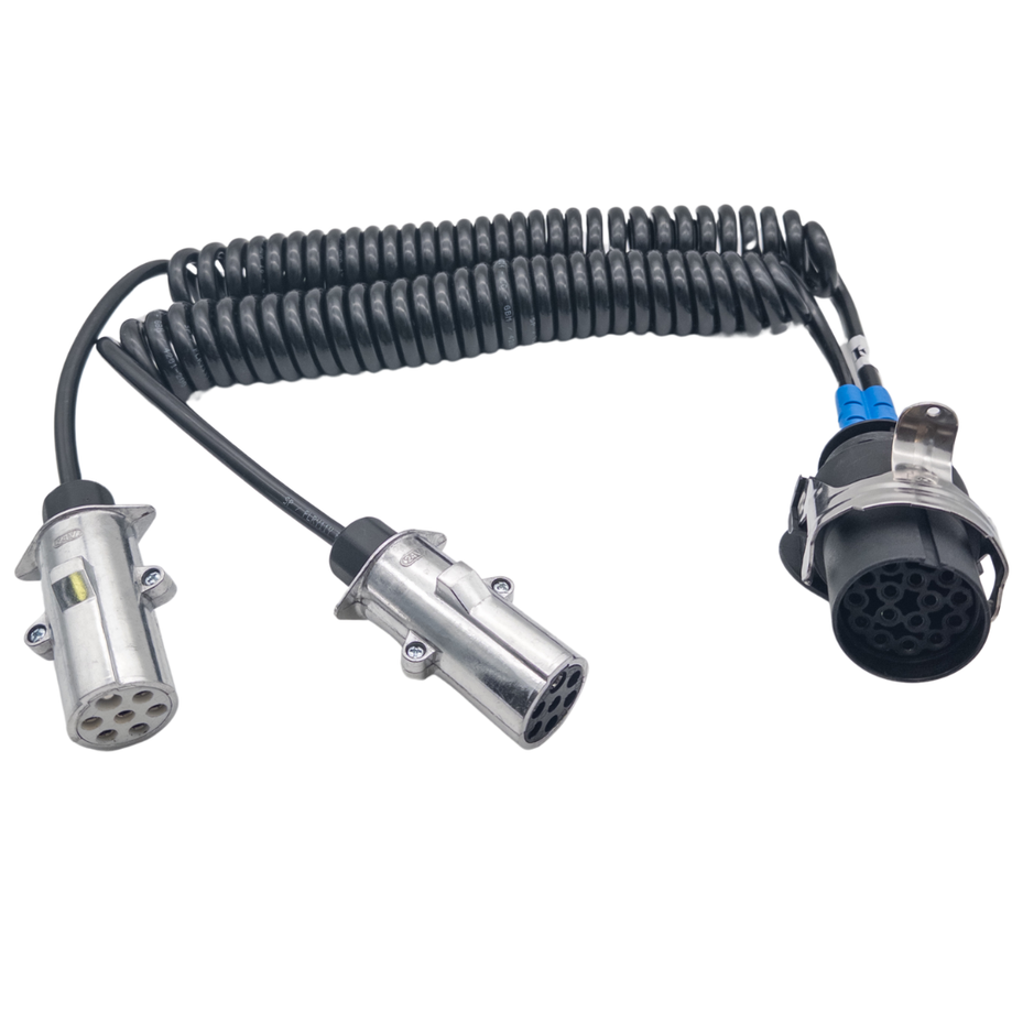 15 poliger auf 2 x 7 polig Aluminium Adapterkabel-Elektrowendel-Spiralkabel Typ S Typ N 24 Volt - passend für LKW
