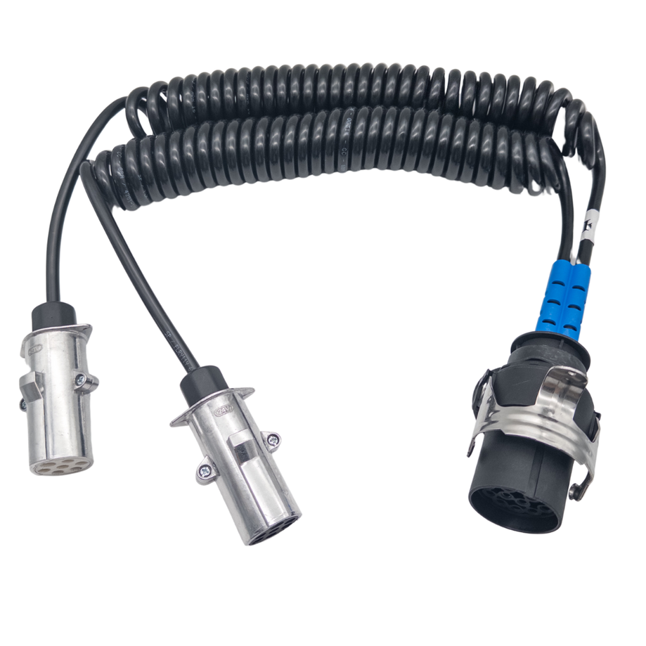 15 poliger auf 2 x 7 polig Aluminium Adapterkabel-Elektrowendel-Spiralkabel Typ S Typ N 24 Volt - passend für LKW